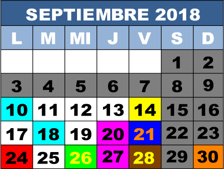 SEPTIEMBRE 2018 L M MI J V S D 1 2 3 4 5  6  7   8 9 10 11 12 13 14 15 16 17 18 19 20 21 22 23 24 25 26 27 29 28 30