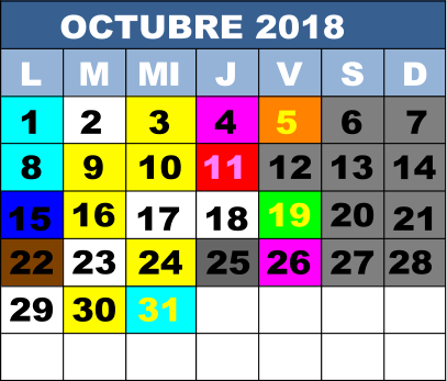 OCTUBRE 2018 L M MI J V S D 1 2 3 4 5 6 7 8 10 11 12 13 14 15 16 17 18 19 20 21 22 23 24 25 26 27 28 29 30  9 31