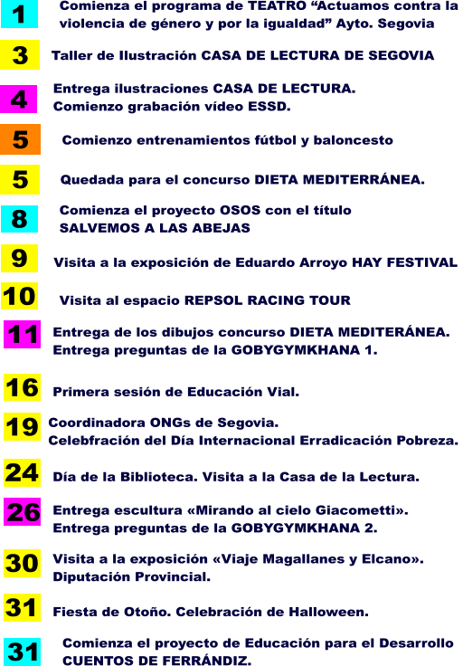 Comienzo entrenamientos fútbol y baloncesto 5 Quedada para el concurso DIETA MEDITERRÁNEA.  5 11 Entrega de los dibujos concurso DIETA MEDITERÁNEA. Entrega preguntas de la GOBYGYMKHANA 1.  9 Visita a la exposición de Eduardo Arroyo HAY FESTIVAL  16 Primera sesión de Educación Vial.  3 Taller de Ilustración CASA DE LECTURA DE SEGOVIA 4 Entrega ilustraciones CASA DE LECTURA. Comienzo grabación vídeo ESSD. 8 Comienza el proyecto OSOS con el título SALVEMOS A LAS ABEJAS  10 Visita al espacio REPSOL RACING TOUR  1 Comienza el programa de TEATRO “Actuamos contra la  violencia de género y por la igualdad” Ayto. Segovia  24 Día de la Biblioteca. Visita a la Casa de la Lectura.  26 Entrega escultura «Mirando al cielo Giacometti». Entrega preguntas de la GOBYGYMKHANA 2.  31 Fiesta de Otoño. Celebración de Halloween.  31 Comienza el proyecto de Educación para el Desarrollo CUENTOS DE FERRÁNDIZ.  19 Coordinadora ONGs de Segovia. Celebfración del Día Internacional Erradicación Pobreza.  30 Visita a la exposición «Viaje Magallanes y Elcano». Diputación Provincial.