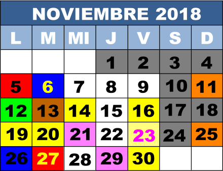 NOVIEMBRE 2018 L M MI J V S D 1 2 3 4 5 6 7  8   9 10 11 12 13 14 15 16 17 30 29 28 27 26 25 24 23 22 21 20 19 18