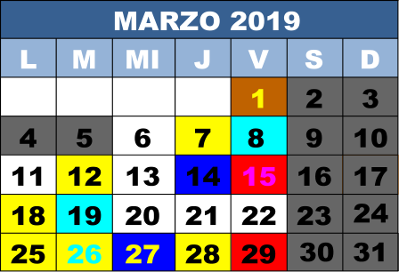 MARZO 2019 L M MI J V S D 1 2 3 4 5 6 7  9 10 11 12 13 14 15 16 17 18 19 20 21 22 23 24 25 26 27 28 29 8 30 31